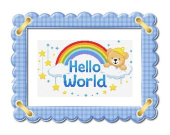 Hello World Baby Kreuzstich PDF - Babyzimmer Dekoration - 125x210 Stiche