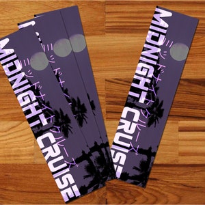 May include: Three purple bookmarks with the text "MIDNIGHT CRUISE" in white and Japanese characters. The bookmarks feature a silhouette of palm trees and a moon.
