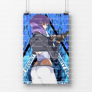 May include: A purple-haired anime character with a gun in her hand, standing in front of a blue and black digital background with the text "BLIC SECURITY" and "SURITY SEC" on it.