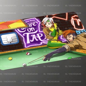 Pode incluir: Uma ilustração colorida de duas pessoas jogando bilhar em uma mesa de feltro verde. O fundo apresenta uma placa de néon que diz "Cure on Tap".