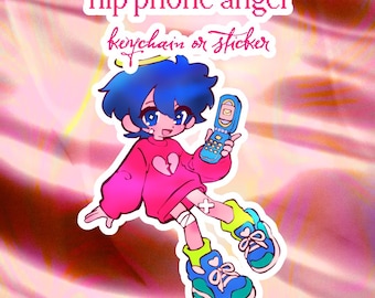 Flip Phone Angel Boy Keychain or Sticker (2.5" Holographic Acrylic / Vinyl) (IN STOCK)