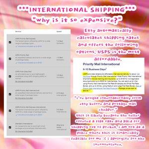 May include: A close-up of a text-based image explaining the different shipping options available on Etsy. The image highlights the USPS Priority Mail International option, which offers reliable and affordable international delivery to about 100 countries. The text also mentions that the USPS Priority Mail International option includes tracking and insurance, with a maximum value of $100 for non-negotiable documents and $200 for merchandise. The image also includes a quote from a customer who has previously purchased an item from Etsy and found the shipping costs to be higher than expected. The customer explains that the seller had previously offered a flat rate shipping option, which was more affordable.