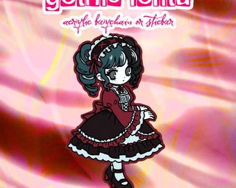 Gothic Lolita Original Anime Art Keychain or Sticker (2.5" Holographic Acrylic / Vinyl) (PREORDER)