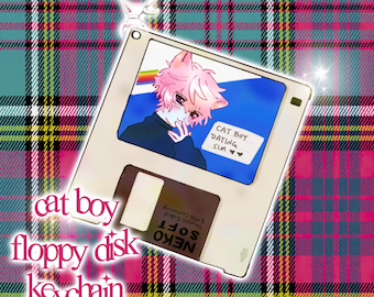 Cat Boy Floppy Disk Visual Novel Keychain (3" Holographic Acrylic) (PREORDER)