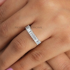 14K White Gold Baguette Cut Wedding Band For Her / 1.45 TCW Colorless Moissanite Half Eternity Band / Matching Baguette Anniversary Band