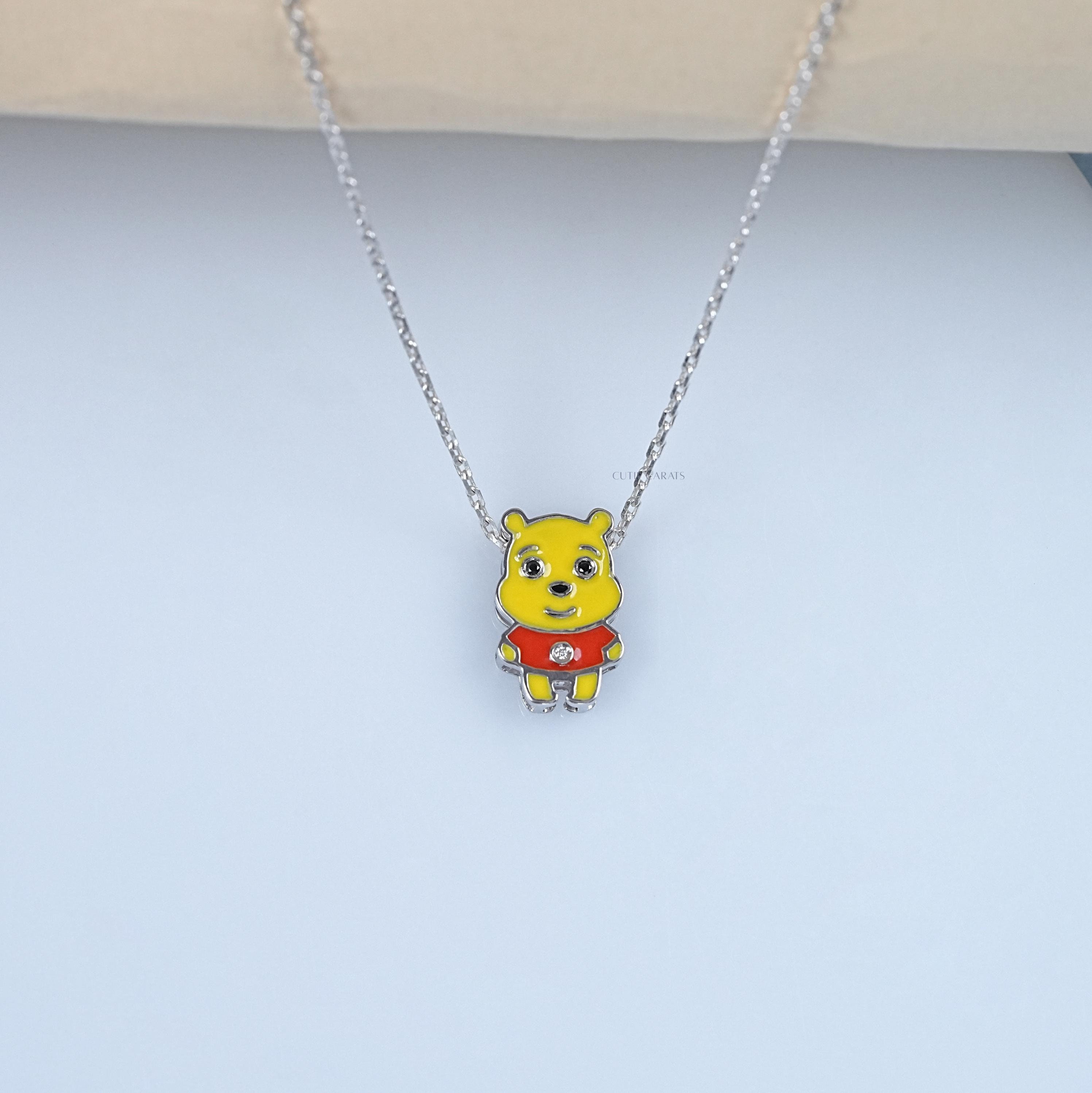 Round Cut Black Diamond Winnie the Pooh Necklace, Yellow Enamel