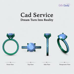 May include: A digital CAD service display featuring a ring with a dark green band and a light blue round gemstone. The text reads Cutie Carats, Cad Service, Dream Turn Into Reality, Front View, Top View, Side View, and Perspective View.
