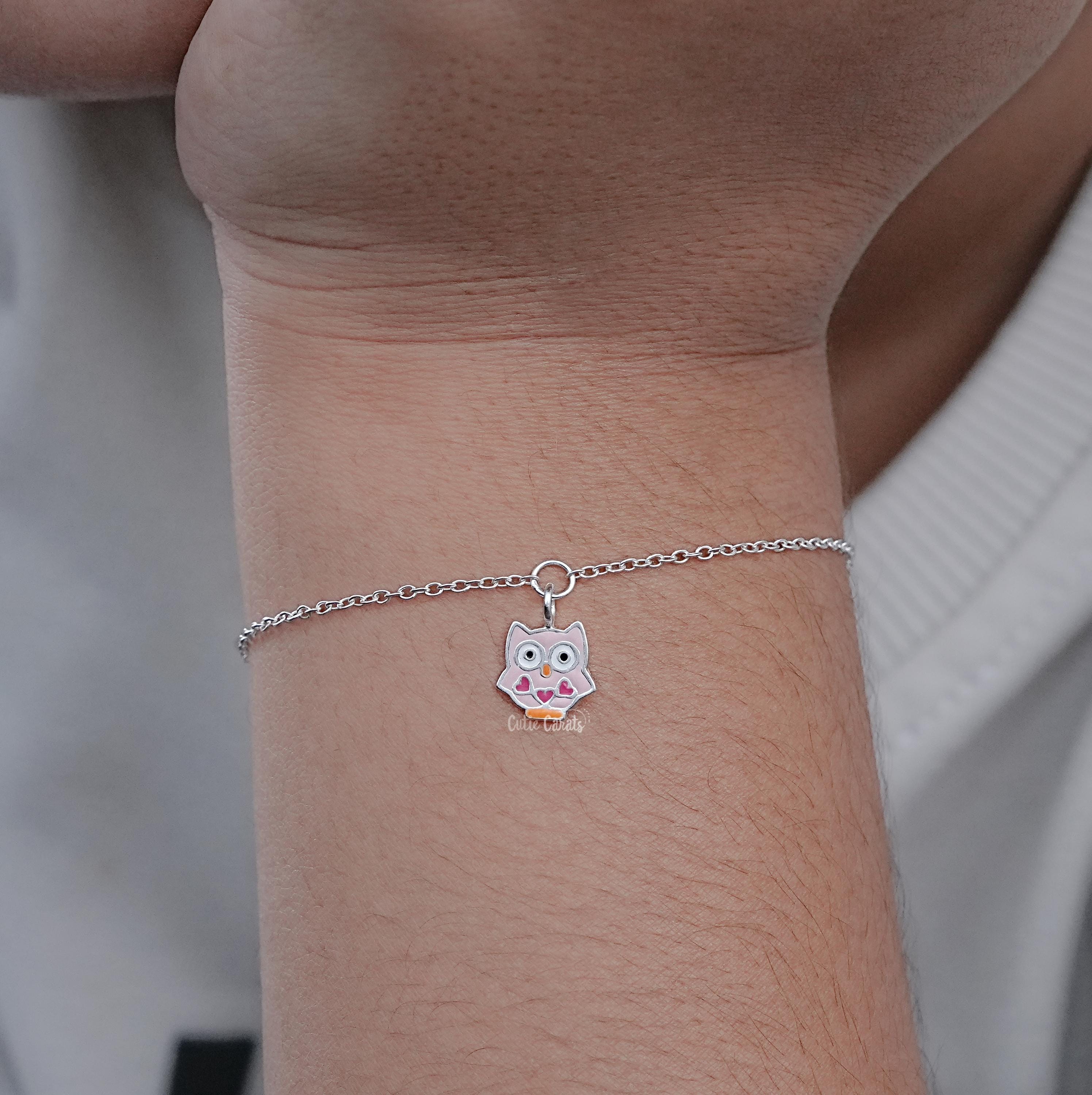 925 Sterling Silver Owl Bracelet For Kids, Colorful Enamel Owl Bracelet For Girl, Minimalist Bracele
