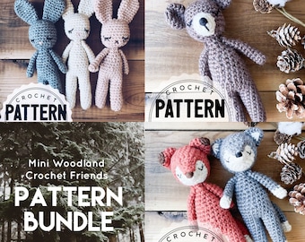 Mini Woodland Friends CROCHET Pattern Bundle, Amigurumi, Mini Bunny, Mini Bear, Mini Fox, Mini Wolf