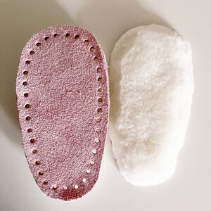 Arabella SLIPPER SOLES, meant for Arabella Crochet Bootie Pattern, Suede Soles, Sheepskin Soles, Precut Suedes, Slipper Supplies, bulky yarn Light Pink