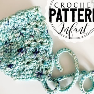 May include: A crochet baby hat with a light blue and white color pattern. The hat has a tie that is tied in a knot. The hat is on a white surface. CROCHET PATTERN Infant.