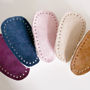 Arabella SLIPPER SOLES, meant for Arabella Crochet Bootie Pattern, Suede Soles, Sheepskin Soles, Precut Suedes, Slipper Supplies, bulky yarn image 1