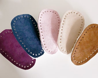 Arabella SLIPPER SOLES, meant for Arabella Crochet Bootie Pattern, Suede Soles, Sheepskin Soles, Precut Suedes, Slipper Supplies, bulky yarn