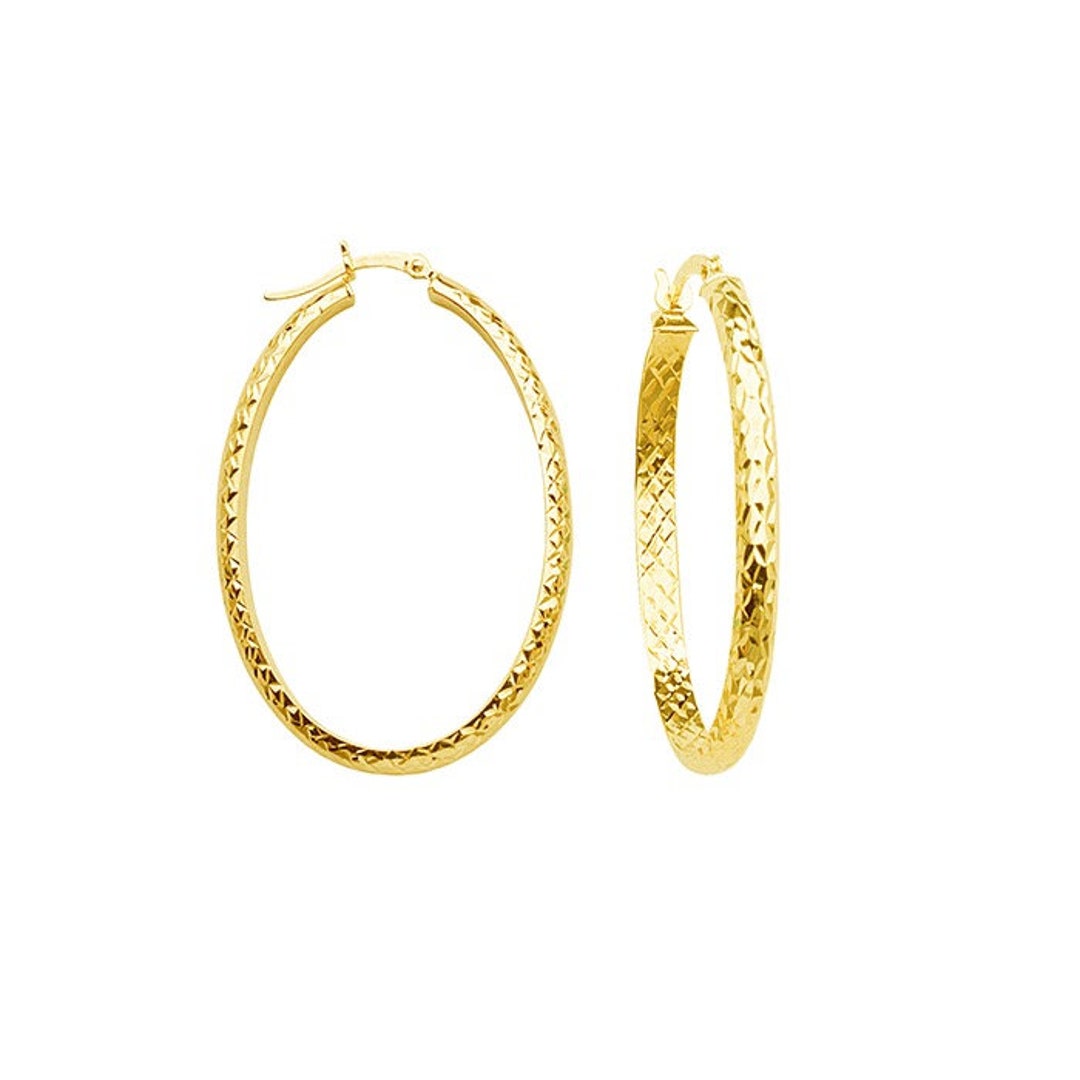 Buy 14K Solid Yellow White Gold Diamond Cut Oval Hoop Earrings