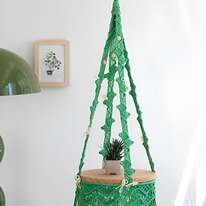 May include: A green macrame plant hanger with a wooden shelf and a small potted succulent plant. The hanger has a fringe trim and is suspended from a white ceiling.