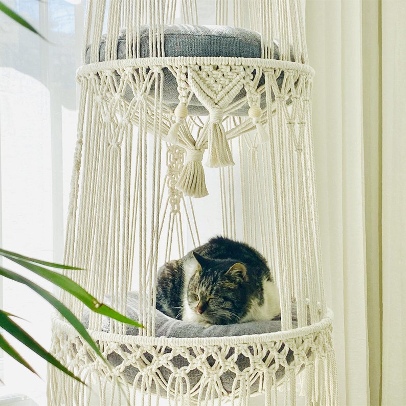 Hamaca para gatos Macrame moderna tejida a mano Cama para gatos Macrame Cama para gatos colgante Cesta para gatos colgante Columpio para gatos Regalo para gatos Regalo para amantes de los gatos imagen 7