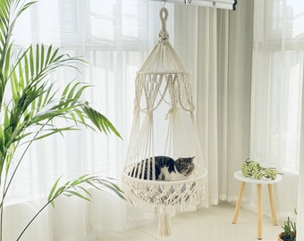 2022 NEW DESIGN Macrame Cat Hammock Macrame Cat Bed, Hanging Cat Bed, Hanging Cat Basket Cat Swing,Gift for Cat,Cat Lover Gift,Cat Furniture