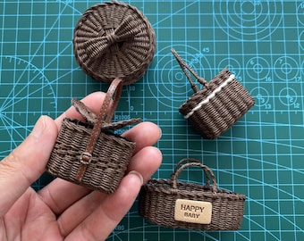 Vintage Mini Rattan Miniature Picnic Baskets for Miniature Jars, Miniature Dollhouse Baskets Storage, Small Miniature Doll House Furniture