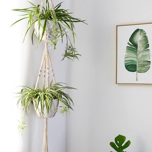 2 Tier Macrame Plant Hanger, Double Macrame Plant Hanger, Long Macrame Plant Hanger, 59" / 150cm in Length, Creamy White Cotton Rope