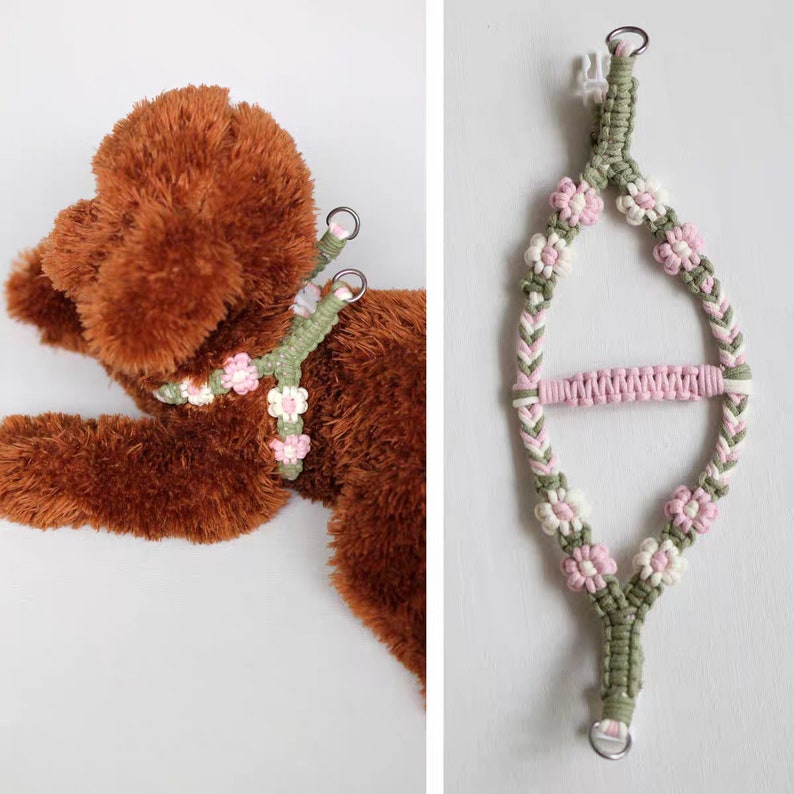 May include: A green and pink dog harness with a floral design. The harness has a metal ring for attaching a leash.