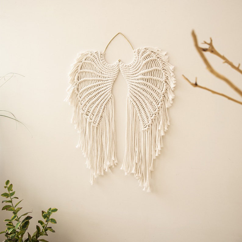 Macrame Angel Wings Macrame Wall Hanging, Boho Angel Swings Elehant Wall Tapestry, White Cotton Cord Wall Decor With Long Tassel image 1