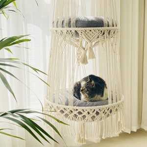 Hamaca para gatos Macrame moderna tejida a mano Cama para gatos Macrame Cama para gatos colgante Cesta para gatos colgante Columpio para gatos Regalo para gatos Regalo para amantes de los gatos imagen 9