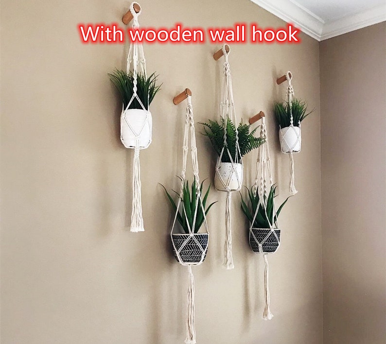 Hanging Crocheted Plant Hangers With Wooden Wall Hooks Etsy