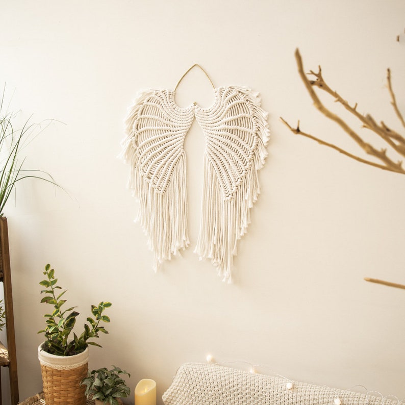 Macrame Angel Wings Macrame Wall Hanging, Boho Angel Swings Elehant Wall Tapestry, White Cotton Cord Wall Decor With Long Tassel image 7
