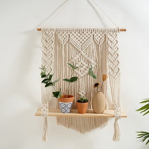 Elegant Macrame Hanging Shelf with Natural Wooden Board, Boho Wall Hanging Shelf, Macrame Wall Hanging, Farmhouse Wall Decor