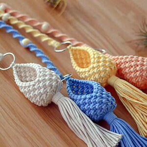 May include: Three macrame plant hangers with tassels in cream, light blue, and yellow. The hangers are made with a knotted rope and have a metal ring at the top for hanging.