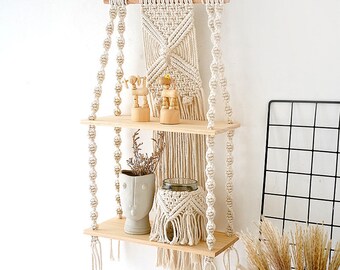 2 Tiered Small Macrame Shelf, Hanging Plant Shelves, Macrame Wall Hanging with Shelf, Floating Shelves, Housewarming Gift