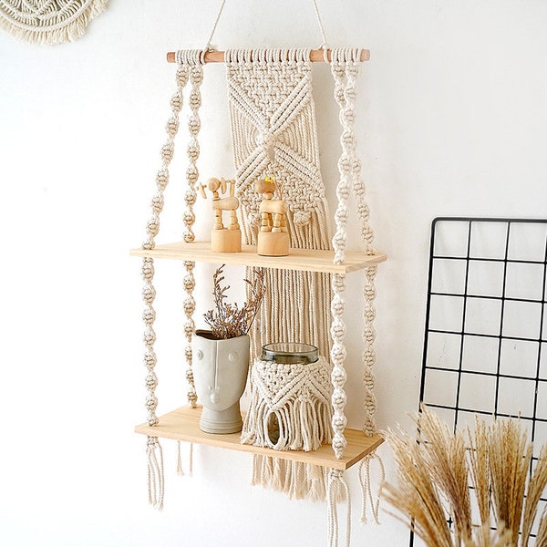 2 Tiered Small Macrame Shelf, Hanging Plant Shelves, Macrame Wall Hanging with Shelf, Floating Shelves, Housewarming Gift