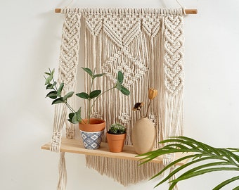 19.7"x27.6" inches Macrame Hanging Shelf with Natural Wooden Board, Boho Wall Hanging Shelf, Macrame Wall Hanging, Farmhouse Wall Decor