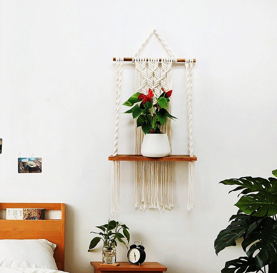 Mensola da parete in legno macramè, stile rustico, con grucce tessute fatte  a mano, decorazione bohémien per camera da letto, soggiorno, bagno