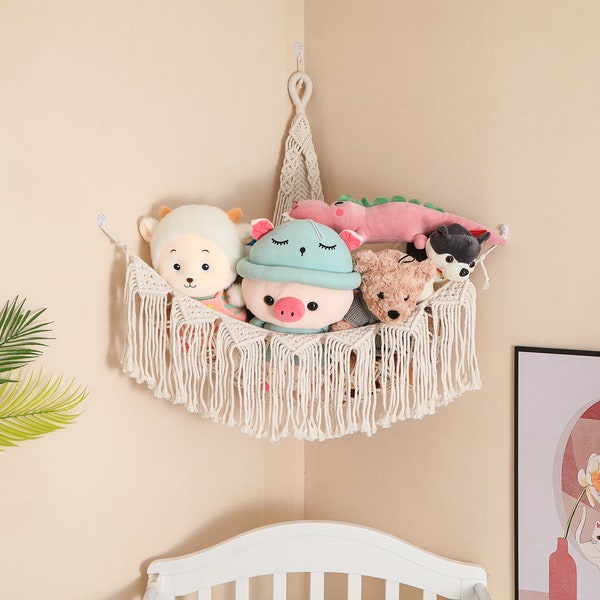 Hamac jouet en macramé avec frange, plus de couleur, hamac d’angle fait à la main, rangement de chambre d’enfants, stockage de jouets Boho, hamac d’animal en peluche, Noël