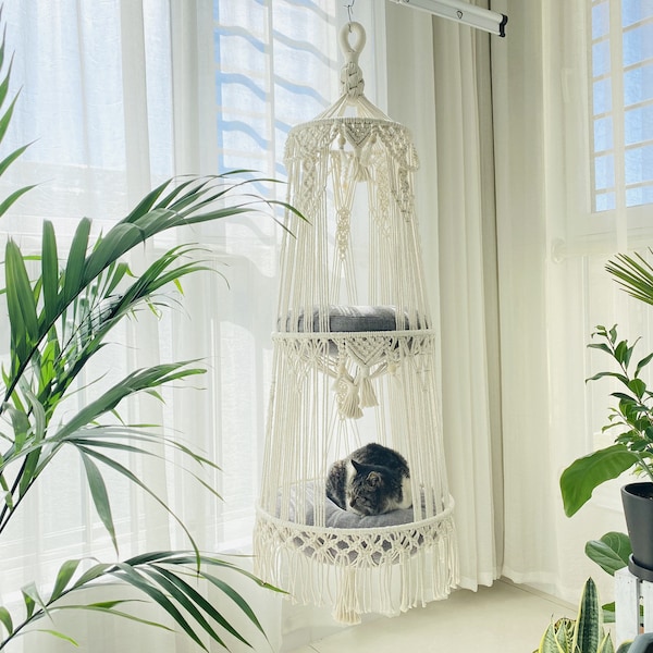 2 Floors Macrame Hanging Cat Hammock for Cat Lovers - 2 Tiers Macrame Cat Bed - Hanging Cat Shelves - Cat Hanging Bed - Gift for Cat Lovers