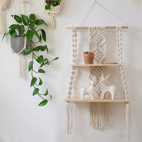 2 Tiered Macrame Hanging Wall Shelves - Macrame Wall Display Shelves - Macrame Floating Shelves - Wall Hanging Shelf - Macrame Shelf