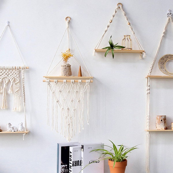 Estantes de pared boho minimalistas, estantes de plantas colgantes, colgantes de pared de macramé con estante, estantes flotantes, estantes de interior