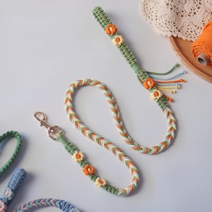 Può includere: Un guinzaglio intrecciato per cani e un'impugnatura abbinata nei toni del verde, arancione, giallo e blu. Il guinzaglio presenta decorazioni floreali arancioni e color crema e un fermaglio dorato.