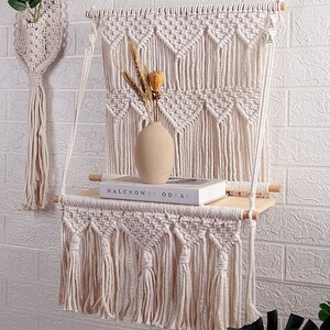 Handweave Macrame Wall Hanging Shelf Boho Chic Floating Wall Shelf - Wall Hanging Shelf for Bedroom, Living Room -Planter Shelf