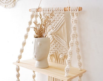 2 Tiered Small Macrame Shelf, Hanging Plant Shelves, Macrame Wall Hanging with Shelf, Floating Shelves, Housewarming Gift