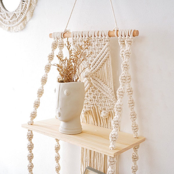 Estante Macrame pequeño de 2 niveles, estantes para plantas colgantes, pared Macrame colgante con estante, estantes flotantes, regalo de bienvenida