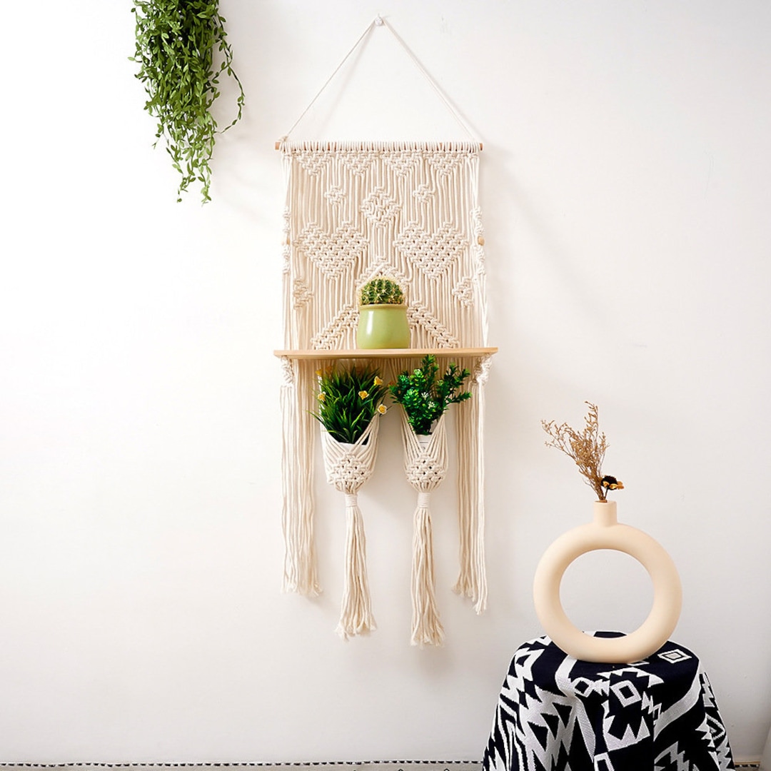 Creative Macrame Wall Hanging Shelf With 2 Macrame Plant Nesting