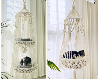 Hamaca para gatos Macrame moderna tejida a mano - Cama para gatos Macrame - Cama para gatos colgante - Cesta para gatos colgante - Columpio para gatos - Regalo para gatos - Regalo para amantes de los gatos