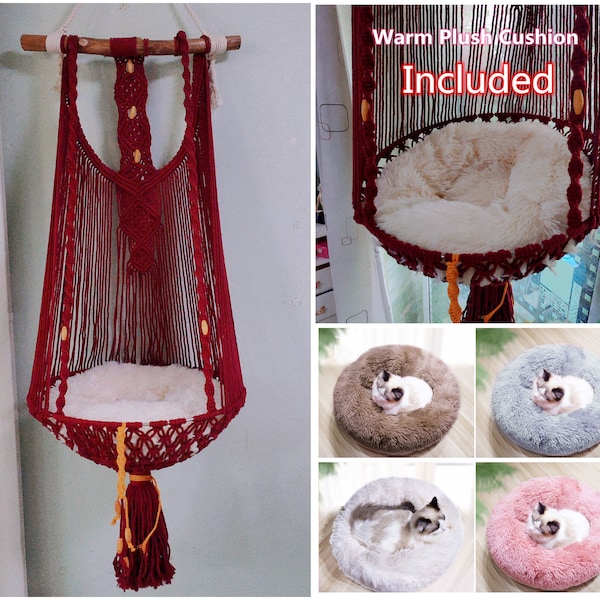 NEW DESIGN Macrame Cat Hammock Macrame Cat Bed with Cushion, Hanging Cat Bed, Hanging Cat Basket Cat Swing, Gift for Cat,Cat Lover Gift