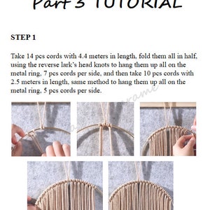 Puede incluir: Instrucciones paso a paso para hacer una pared de macram&eacute;. La imagen muestra cuatro pasos: atar nudos en un anillo de metal, agregar m&aacute;s cordones y el producto terminado.