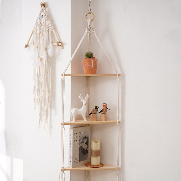 Triangular Hanging Macrame Corner Shelves, 3 Tiered Macrame Hanging Shelf, Hanging Corner Shelf, Macrame Wall Hanging, Floating Shelf