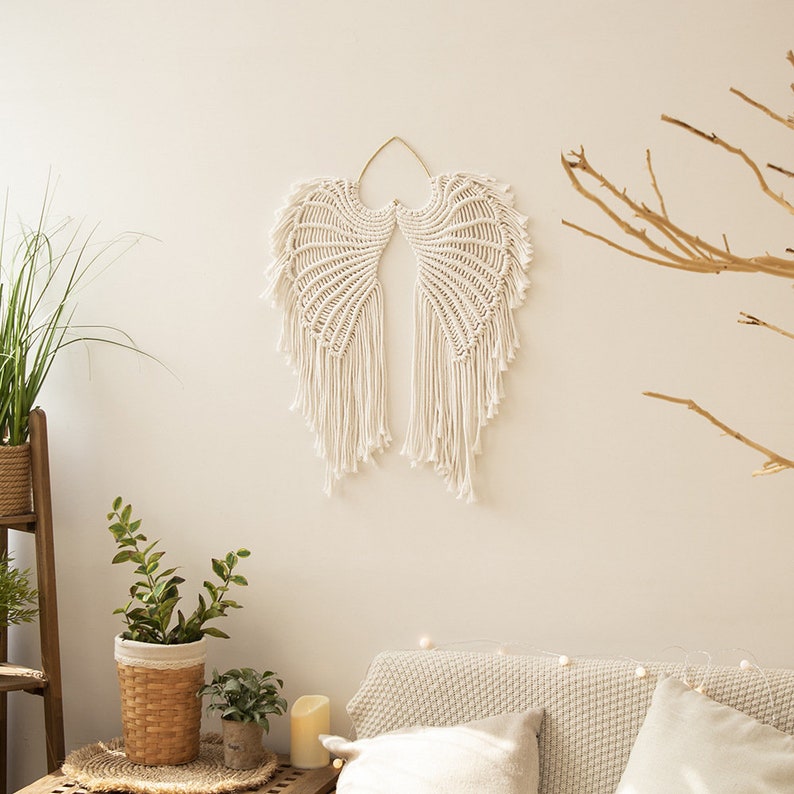 Macrame Angel Wings Macrame Wall Hanging, Boho Angel Swings Elehant Wall Tapestry, White Cotton Cord Wall Decor With Long Tassel image 3