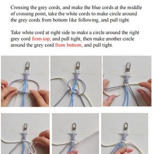 May include: Step 2 of a macrame keychain tutorial. The image shows three steps of the process. The first step shows how to make a circle around the grey cords with the white cords. The second step shows how to make a circle around the right grey cord with the white cord from the top. The third step shows how to make a circle around the grey cord with the white cord from the bottom.