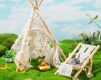 Macrame Folding Chaise, Miniature Tent, Miniature Lounge Chair, Dollhouse Furniture, Miniature Wigwam, Mini Recliner, Miniature Toys